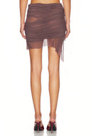 Brown Wetlook Semi-Sheer Mini Skirt – Back View, Pull-On Styling – LOOKE GARMENT