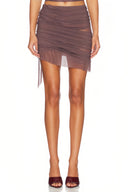 Brown Wetlook Semi-Sheer Mini Skirt – Front View, Fully Lined Party Skirt – LOOKE GARMENT