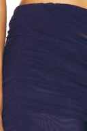 Navy Wetlook Semi-Sheer Mini Skirt – Close-Up Detail, Wet Look Mesh Fabric Texture – LOOKE GARMENT