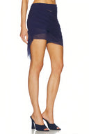 Navy Wetlook Semi-Sheer Mini Skirt – Left Side View, Wet Look Fabric Detail – LOOKE GARMENT