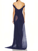 Navy Wetlook Off The Shoulder Gown back view, open back and draping detail – LOOKE GARMENT