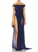 Navy Wetlook Off The Shoulder Gown front view, luxury handcrafted evening gown – LOOKE GARMENT