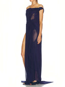 Navy Wetlook Off The Shoulder Gown right side view, see-through sheer fabric – LOOKE GARMENT