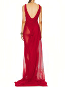Red Wetlook Off The Shoulder Gown back view on model, full length elegant gown – LOOKE GARMENT