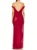 Red Wetlook Off The Shoulder Gown back view, open back and draping detail – LOOKE GARMENT
