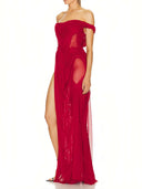 Red Wetlook Off The Shoulder Gown right side view, see-through sheer fabric – LOOKE GARMENT