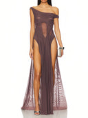Brown Wetlook Off-Shoulder Long Dress with Double Thigh Split front view – LOOKE GARMENT