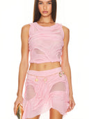 Light Pink Wetlook Two-Strap Crop Top – Front View, Ruched Mesh Party Top – LOOKE GARMENT