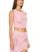 Light Pink Wetlook Two-Strap Crop Top – Left Side View, Sheer Crepe Panel Detail – LOOKE GARMENT